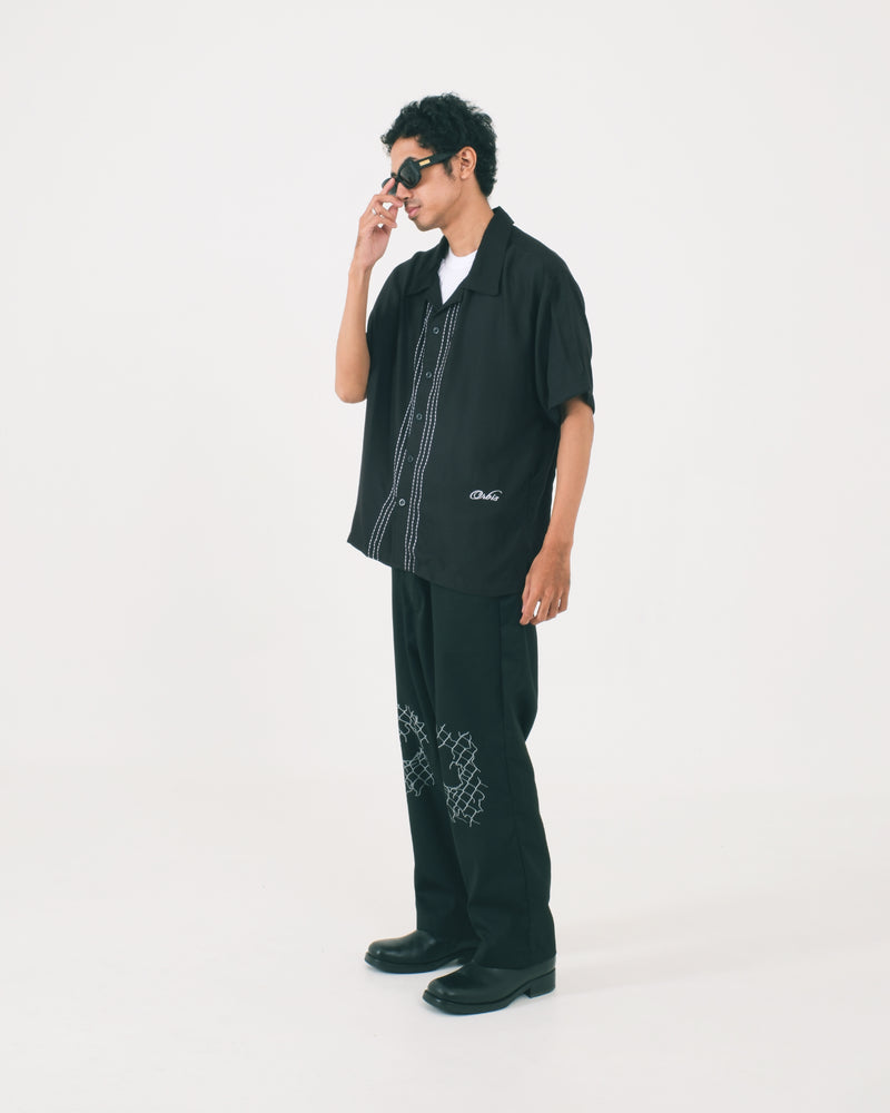 Orbis Script Open Collar Shirt - Black